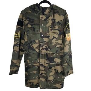 Forever 21 Men Casual Jacket Camo Cotton Zip Closure Olive Hooded Coat Size XS